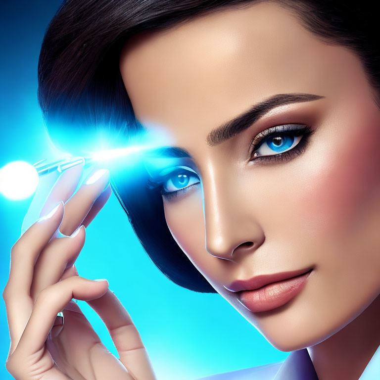 Sleek-haired woman holding illuminated cosmetic device near eye