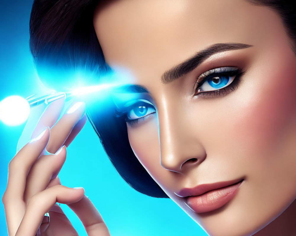 Sleek-haired woman holding illuminated cosmetic device near eye