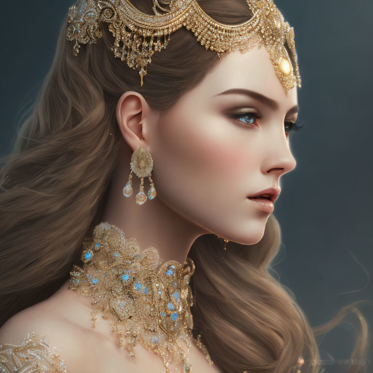 Digital artwork featuring woman adorned in elaborate gold jewelry on dark background