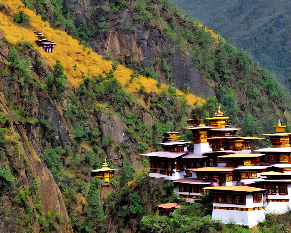 Traditional Bhutanese temple complex on mountainside with lush greenery