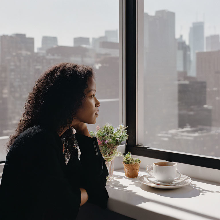 Woman looking out window with cityscape view, coffee cup, and potted plant