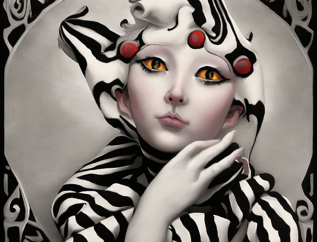 Character portrait with pale skin, yellow eyes, red accents, black & white attire