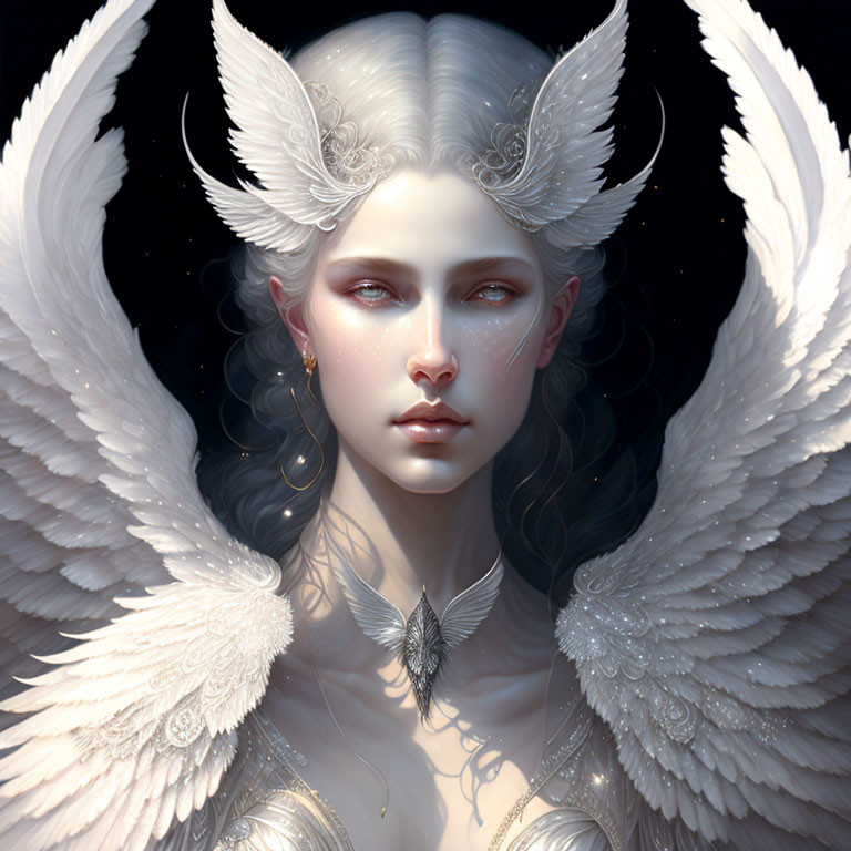 Ethereal being with white wings and ornate headdress on dark background