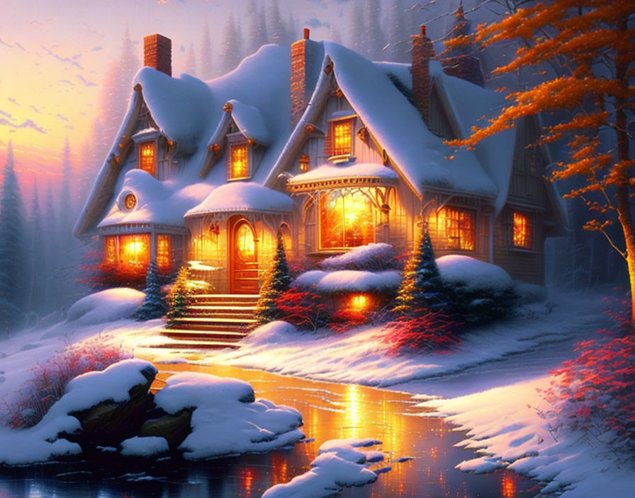 Snowy cottage with glowing lights, snow-covered trees, and reflective river in orange sky