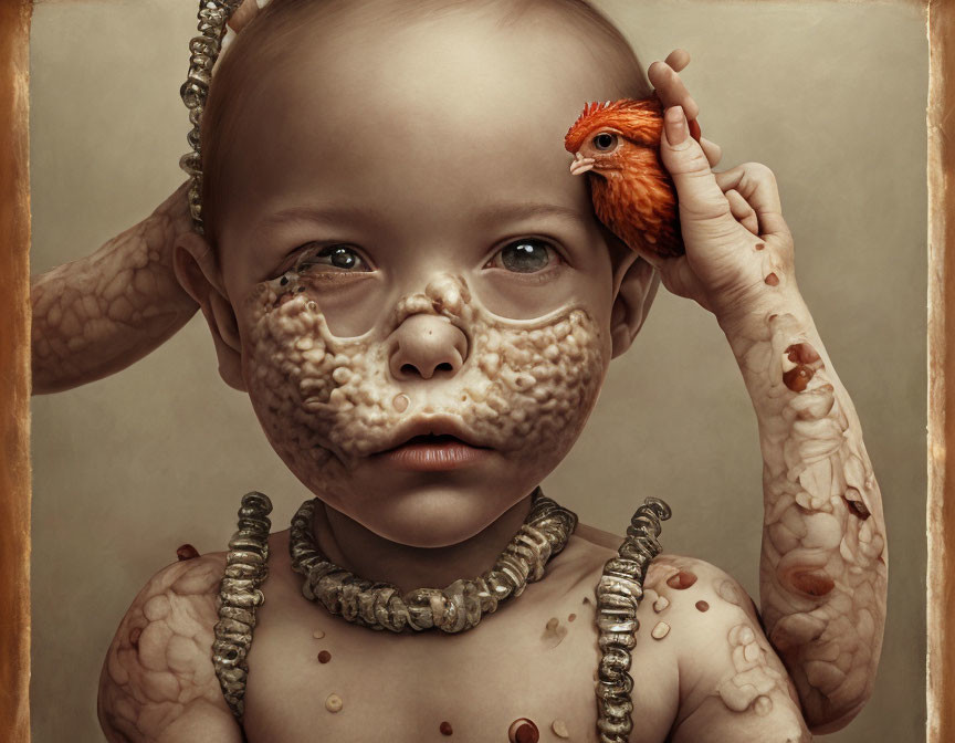 Surreal portrait of child with pebbled skin, shell necklace, and orange chick