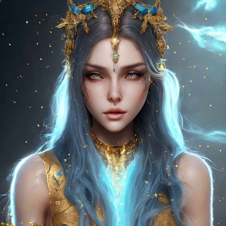 Blue-haired female character with gold accessories in mystical energy.