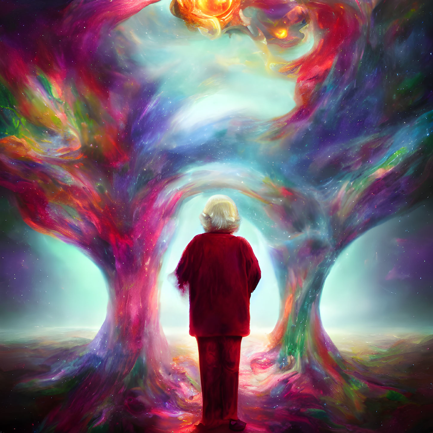 Person in Red Outfit in Cosmic Landscape with Vibrant Nebulae