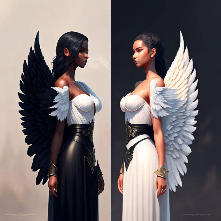 Two contrasting angelic winged women on neutral backdrop.