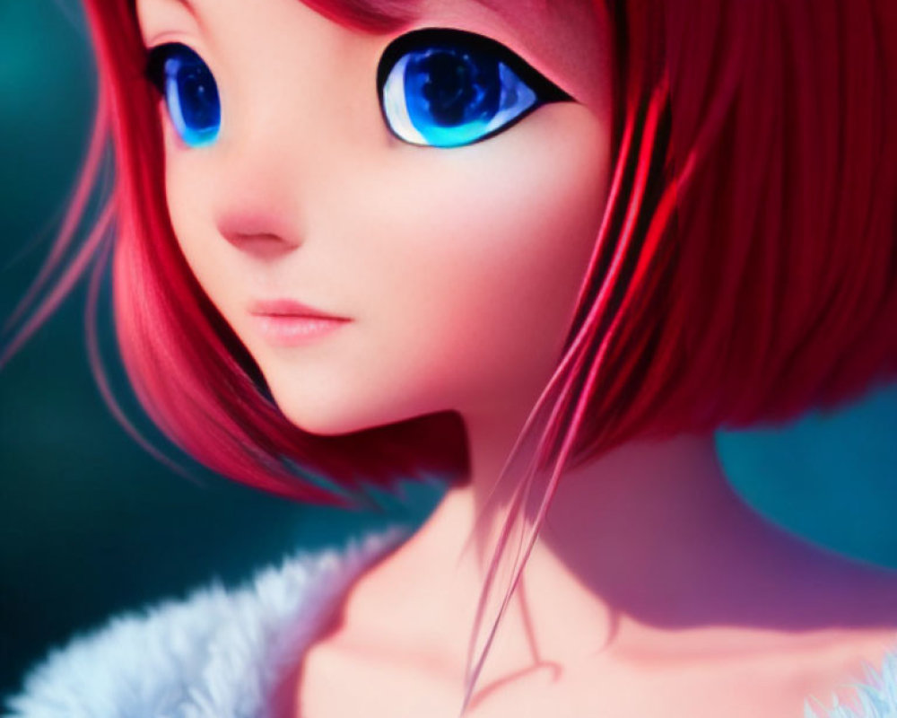 Animated character with blue eyes, red hair, and white fluffy attire