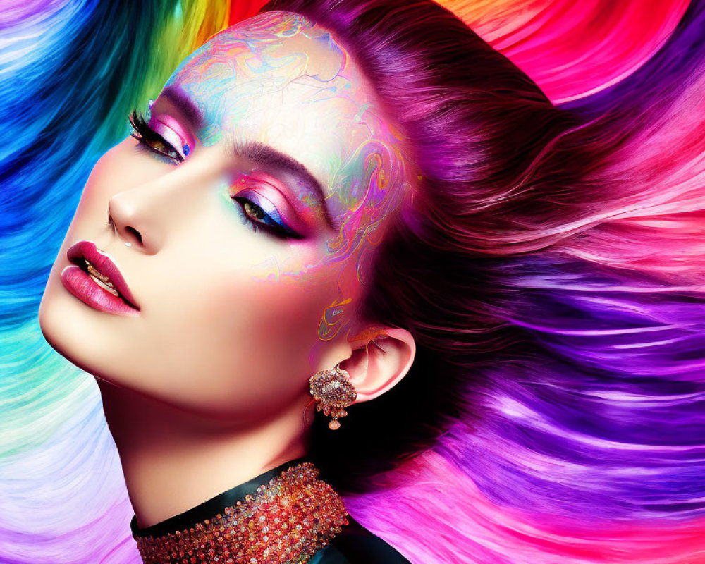 Colorful woman with rainbow hair, purple eyeshadow, and choker necklace.