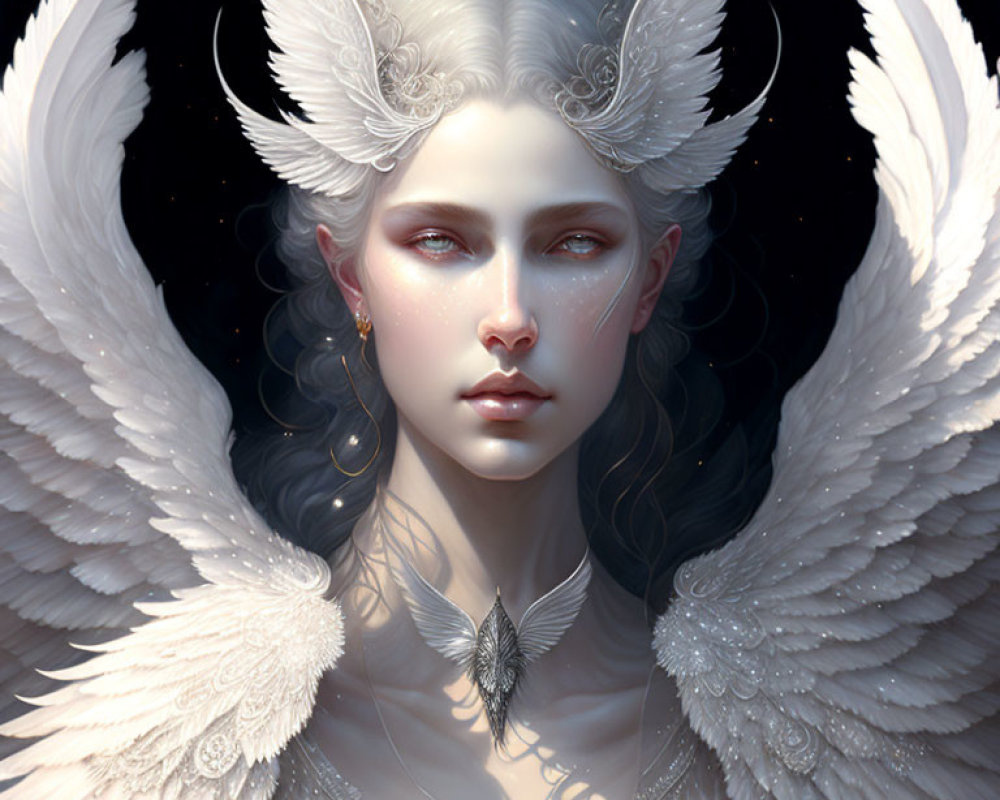 Ethereal being with white wings and ornate headdress on dark background