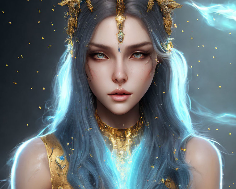 Blue-haired female character with gold accessories in mystical energy.