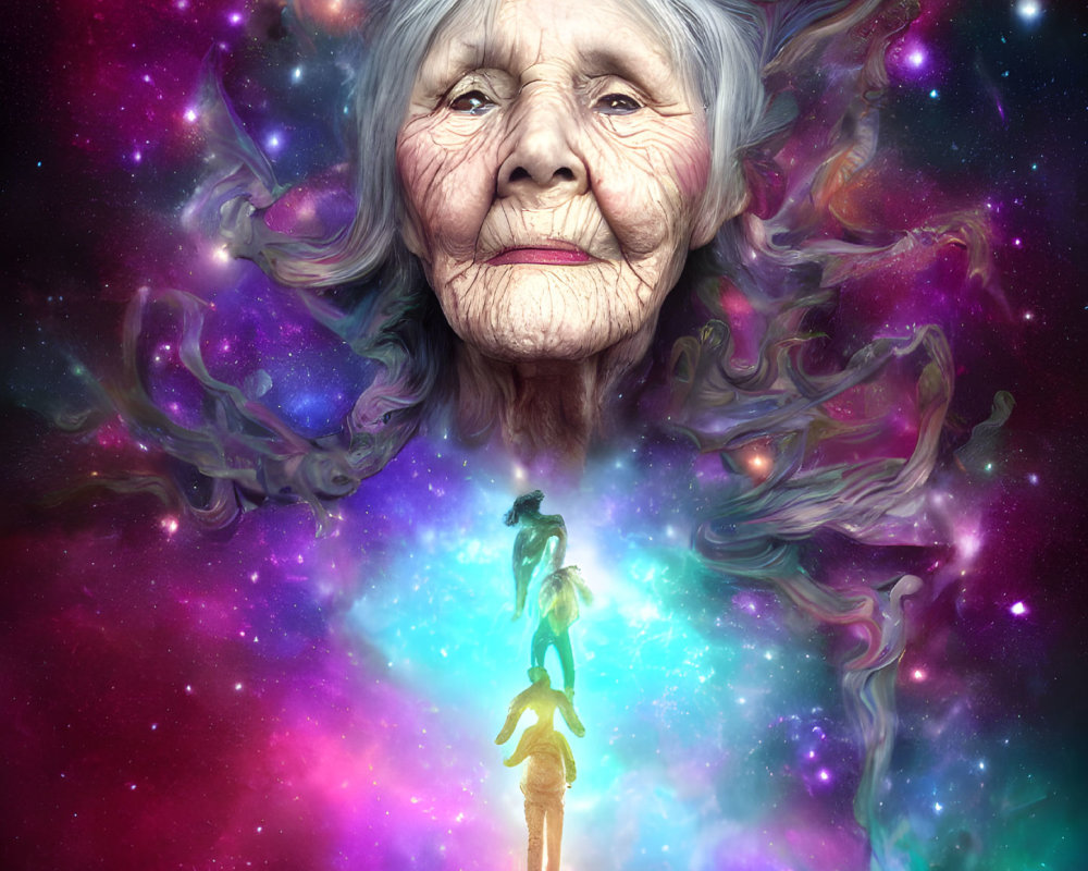 Serene elderly woman's face on vibrant cosmic background