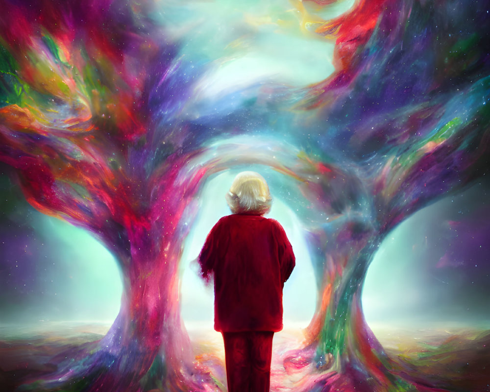 Person in Red Outfit in Cosmic Landscape with Vibrant Nebulae