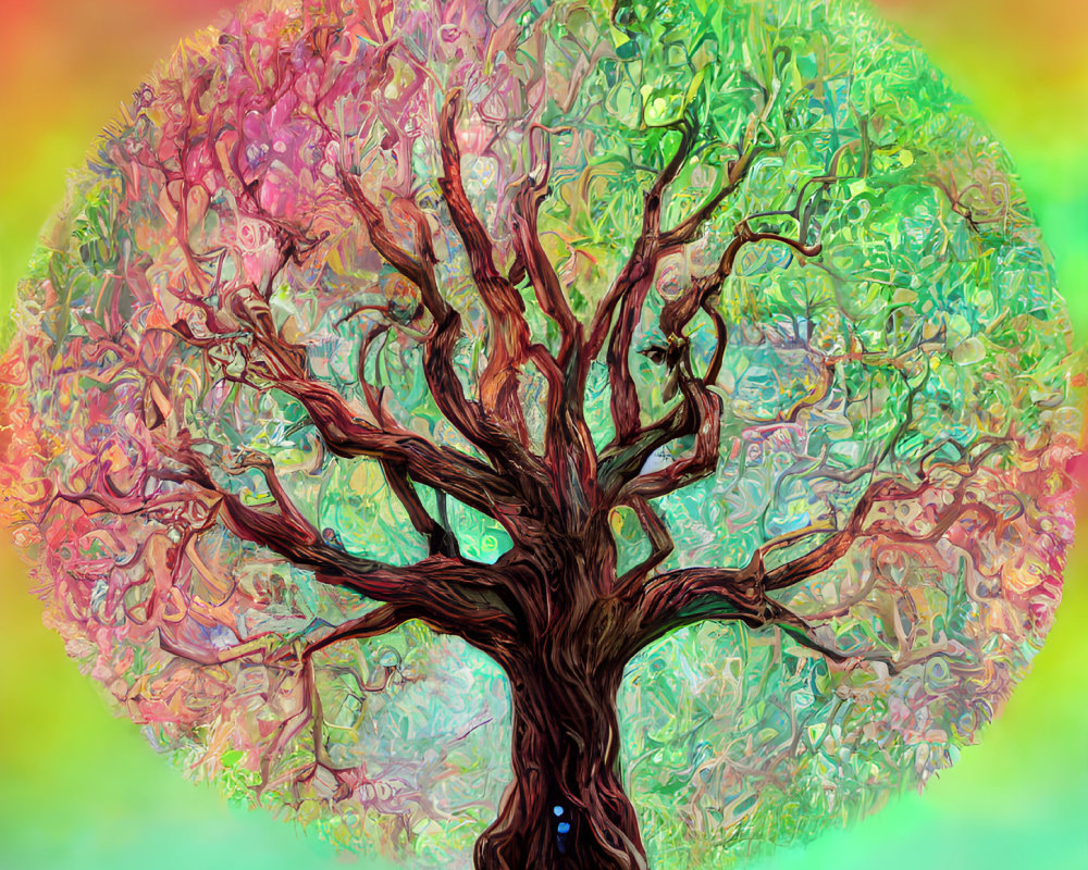 Colorful digital artwork: intricate tree against rainbow backdrop