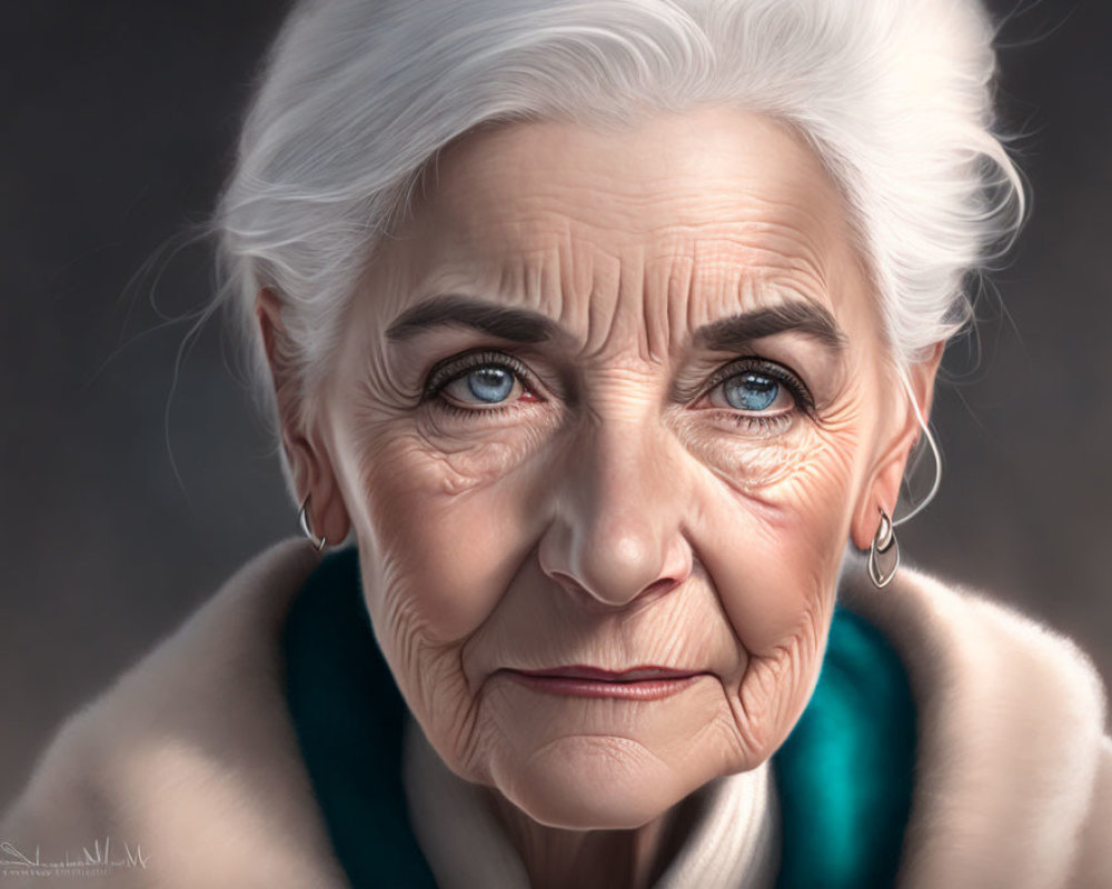 Elderly woman with white hair and blue eyes in teal shawl portrait