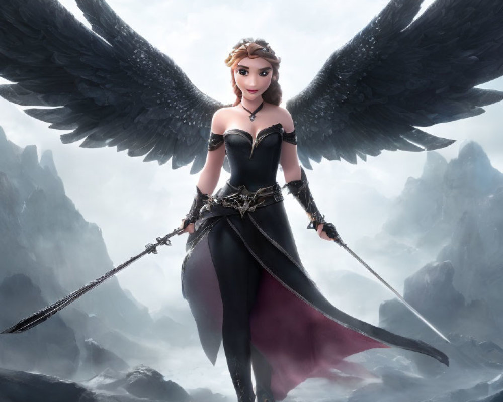 Stylized female warrior with black wings in misty mountains holding a sword