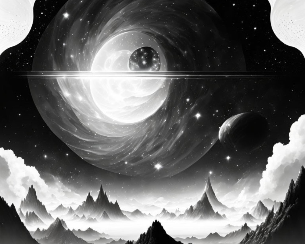 Surreal black and white cosmic landscape with swirling galaxy and planets