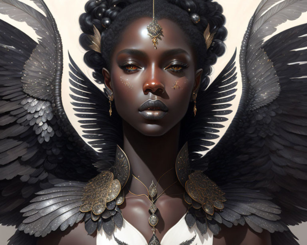 Digital artwork featuring woman with dark skin, braided hair, gold adornments, and black wings.