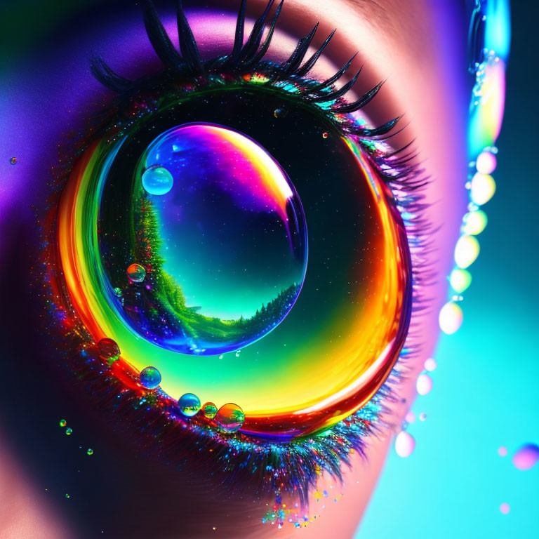 Vibrant close-up of an eye with iridescent colors and glistening droplets