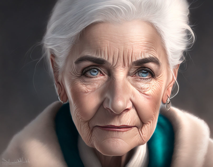 Elderly woman with white hair and blue eyes in teal shawl portrait