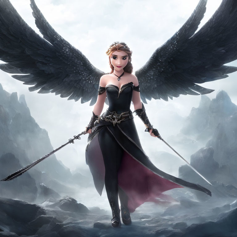 Stylized female warrior with black wings in misty mountains holding a sword