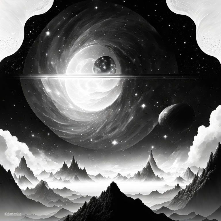 Surreal black and white cosmic landscape with swirling galaxy and planets