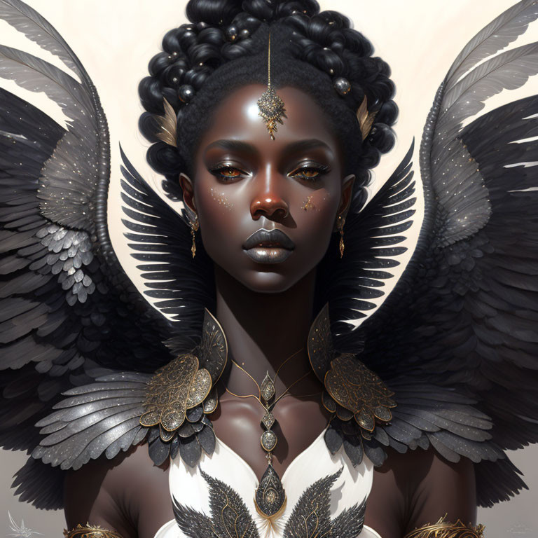 Digital artwork featuring woman with dark skin, braided hair, gold adornments, and black wings.