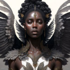 Digital artwork featuring woman with dark skin, braided hair, gold adornments, and black wings.