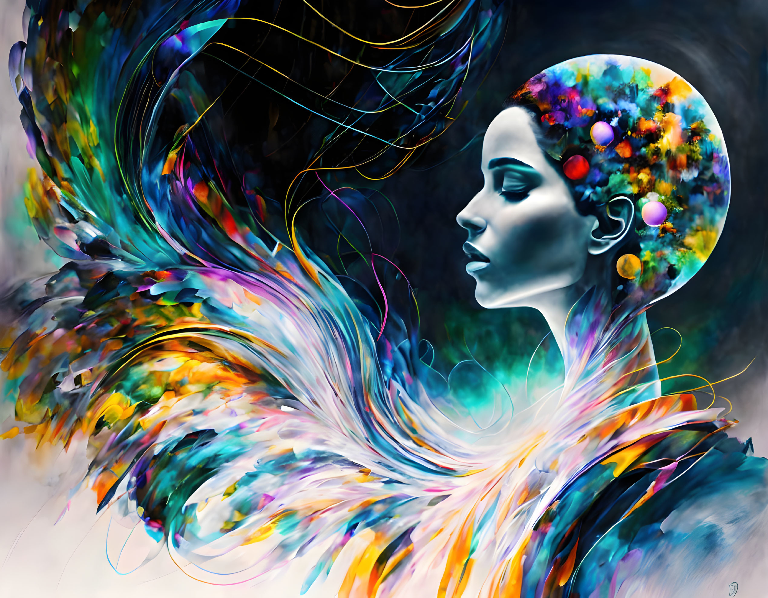 Colorful Abstract Digital Artwork of Woman's Profile with Cosmic Elements