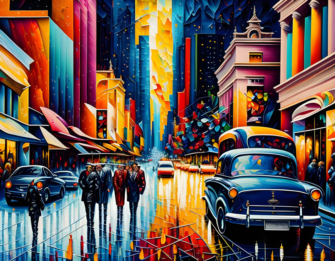 Colorful Cityscape Painting with Vintage Cars, Pedestrians, and Tall Buildings