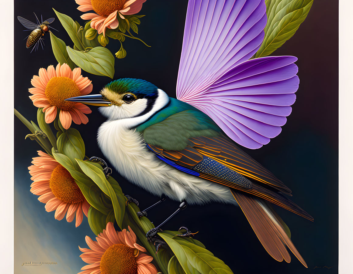 Colorful digital artwork: Multicolored bird with purple wings on branch with orange flowers; bee hovering