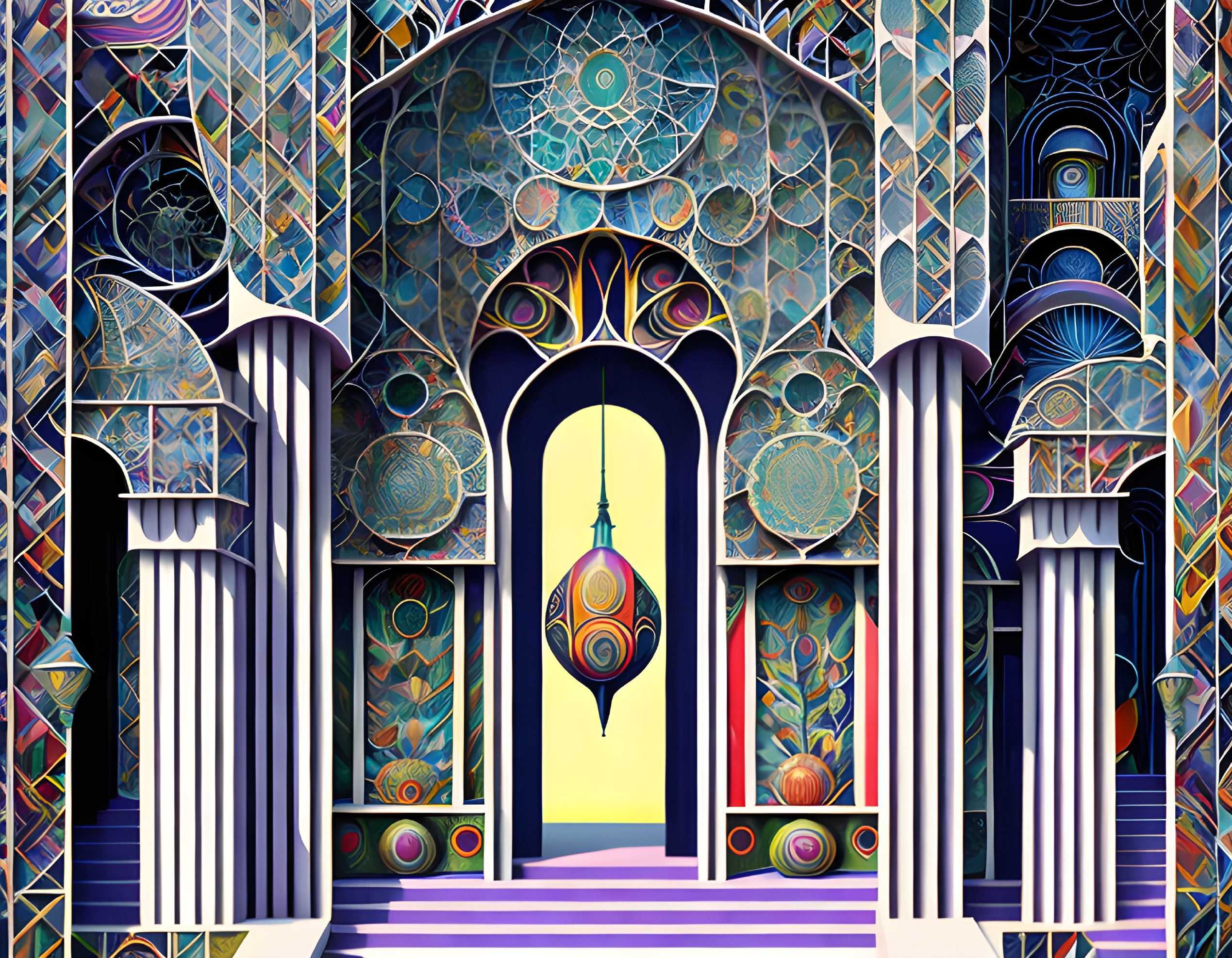 Colorful illustration of Middle-Eastern palace interior with geometric patterns, archways, and lantern