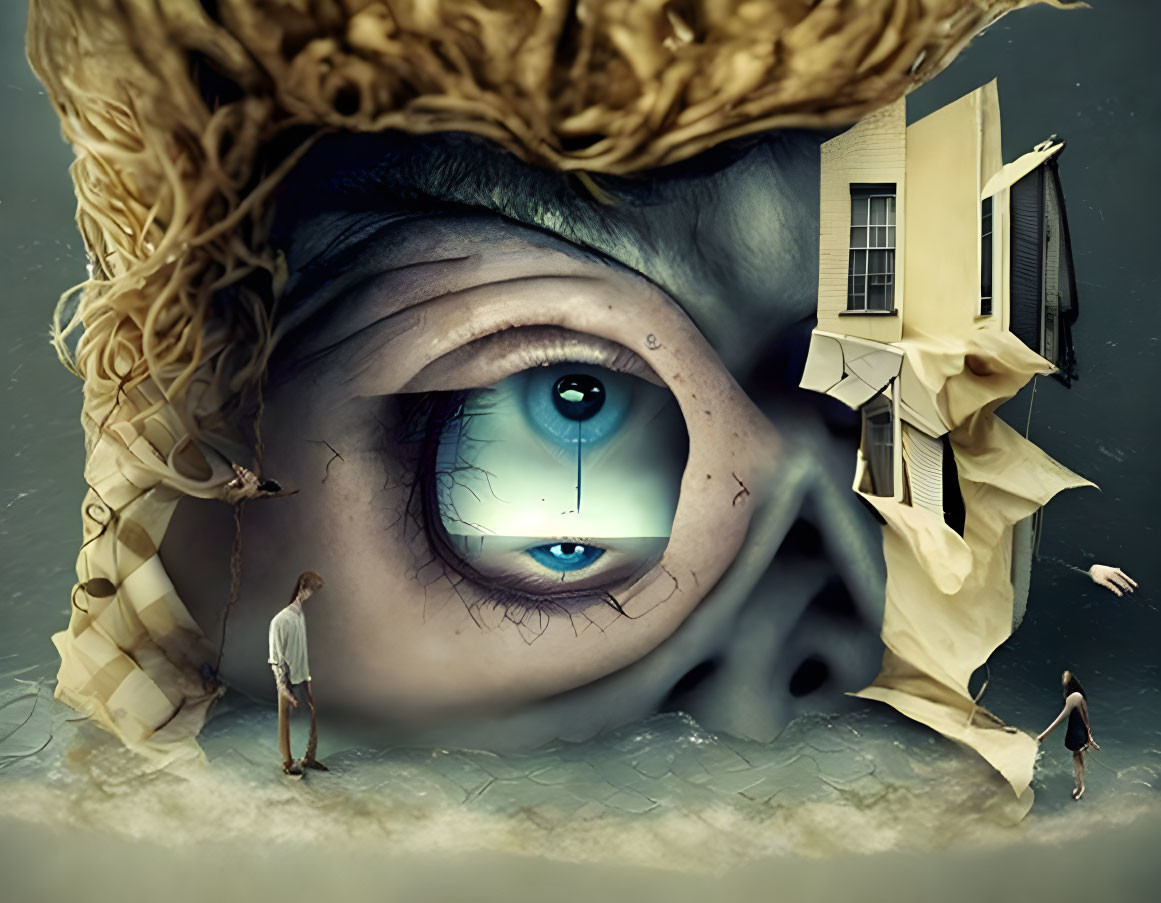 Giant eye with buildings on eyelid and small figures, surreal atmosphere