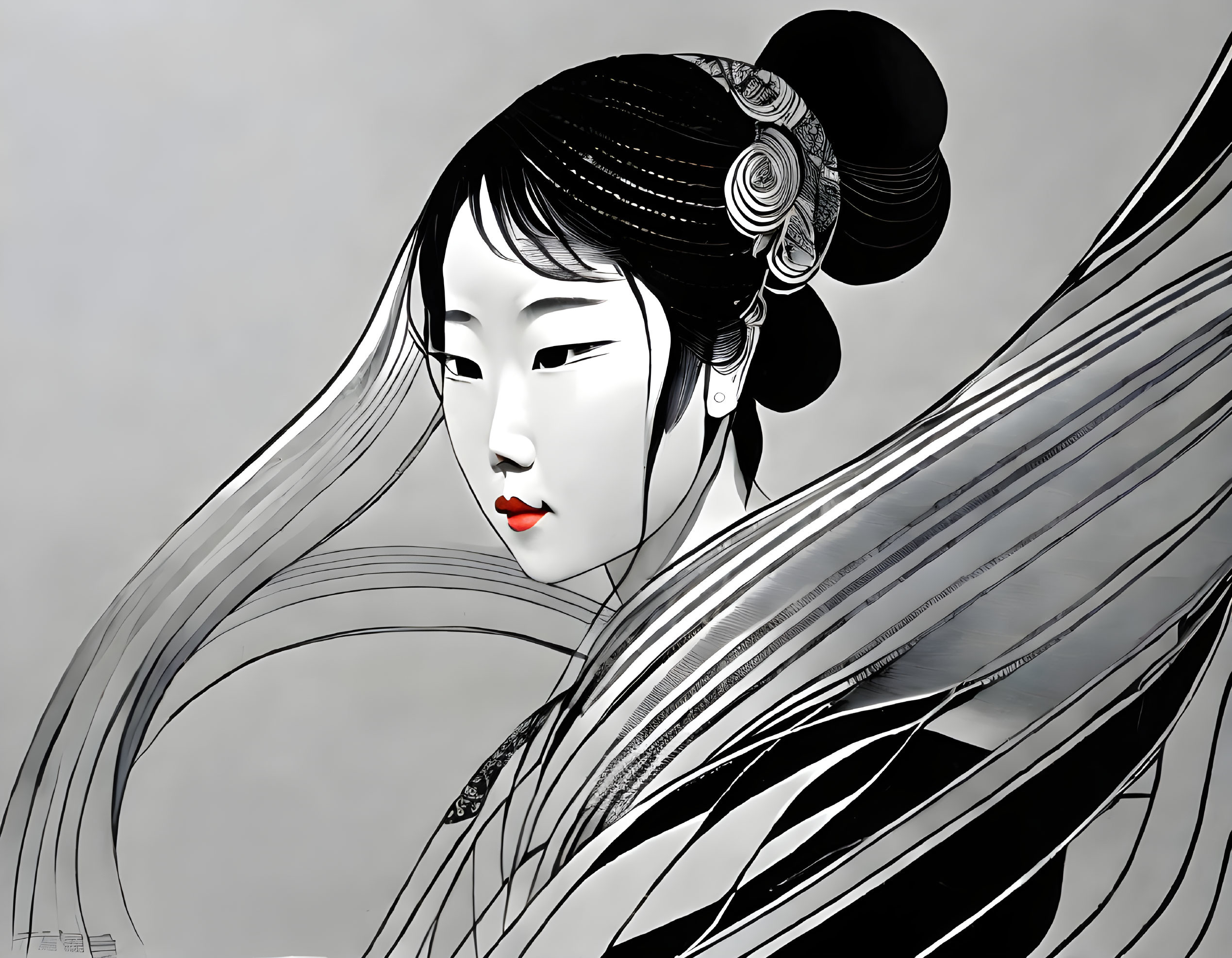 Monochrome illustration of Asian woman with hair bun and ribbons