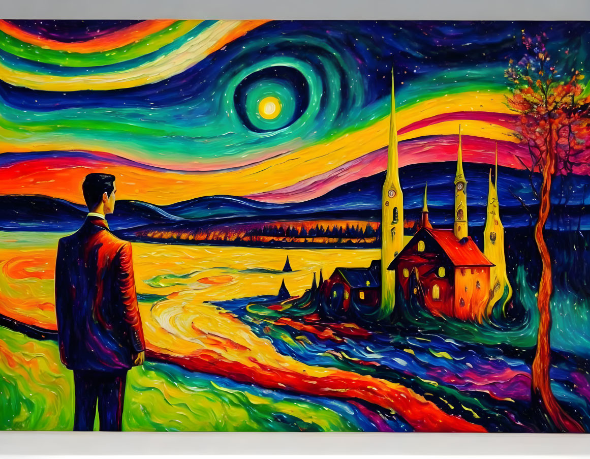 Man in suit standing in vibrant, swirling landscape with starry sky, colorful hills, church, and