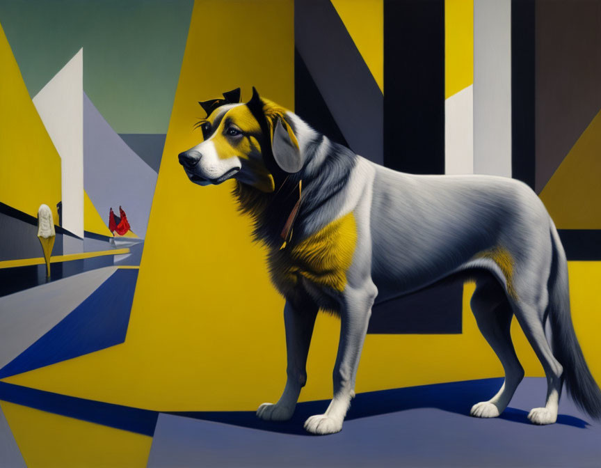 Geometric landscape painting featuring dog with human-like face