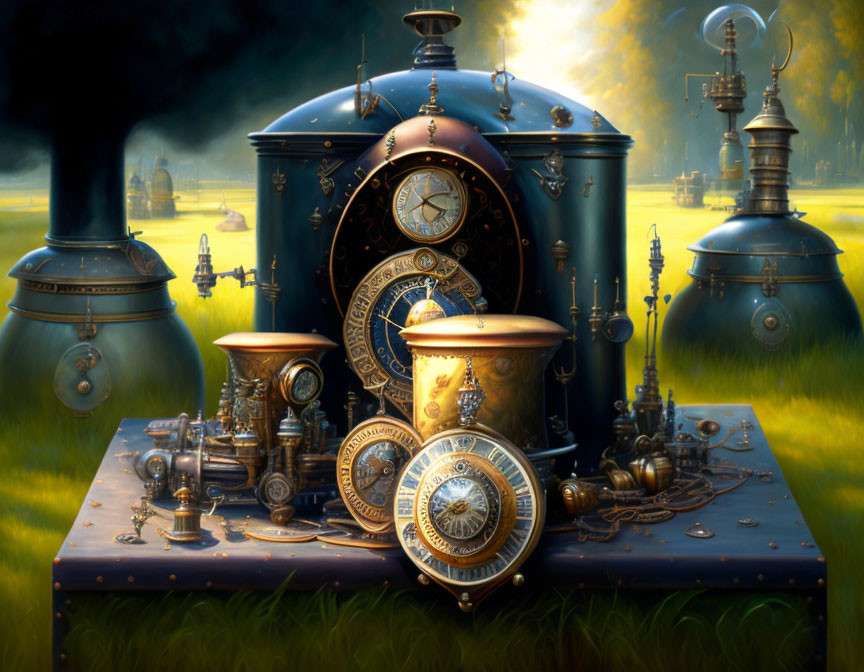 Steampunk artifacts: clocks, teapot, goggles on table with fantastical machines.