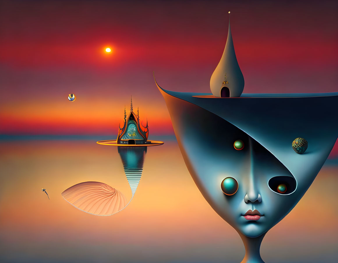 Surreal digital artwork: stylized face with seascape, sun, moon, boat, flying