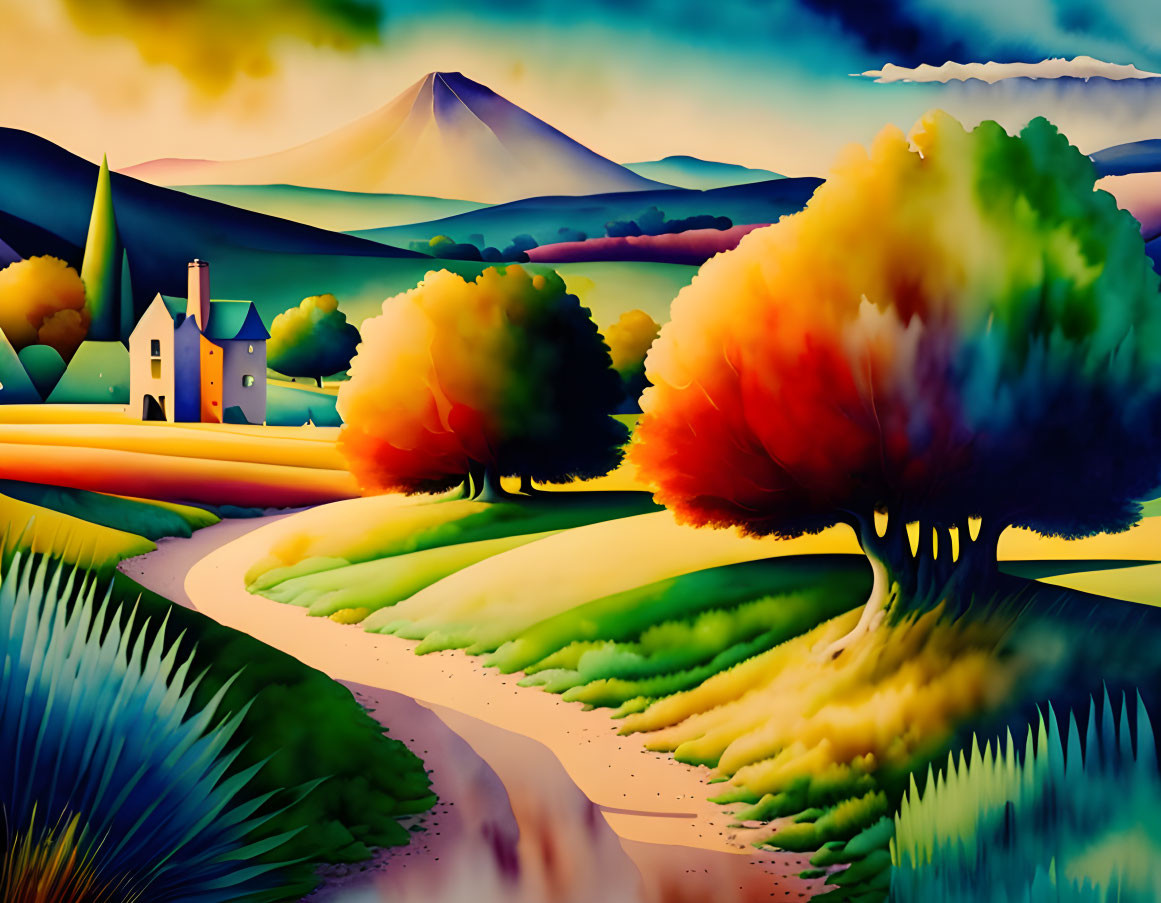 Colorful landscape with rolling hills, winding path, vibrant trees, quaint house, vivid sky.