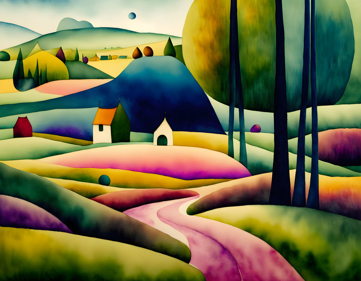 Vibrant stylized landscape with rolling hills, houses, trees, and mountains.