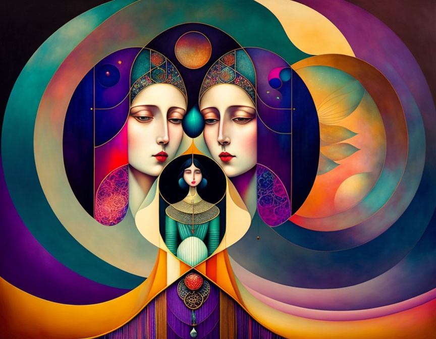 Symmetrical Stylized Female Faces with Elaborate Headpieces and Colorful Geometric Patterns