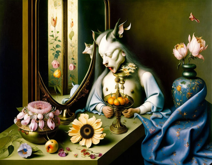 Surrealist Painting of Humanoid Figure with Goat-Like Features and Still Life Elements