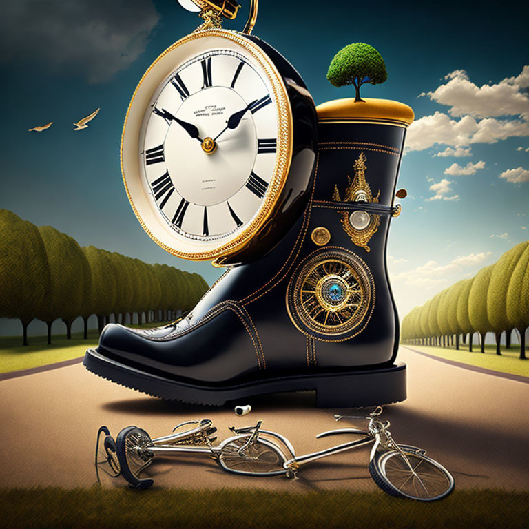 Surreal image of large boot with clock face and gears on pathway surrounded by trees, bicycles,