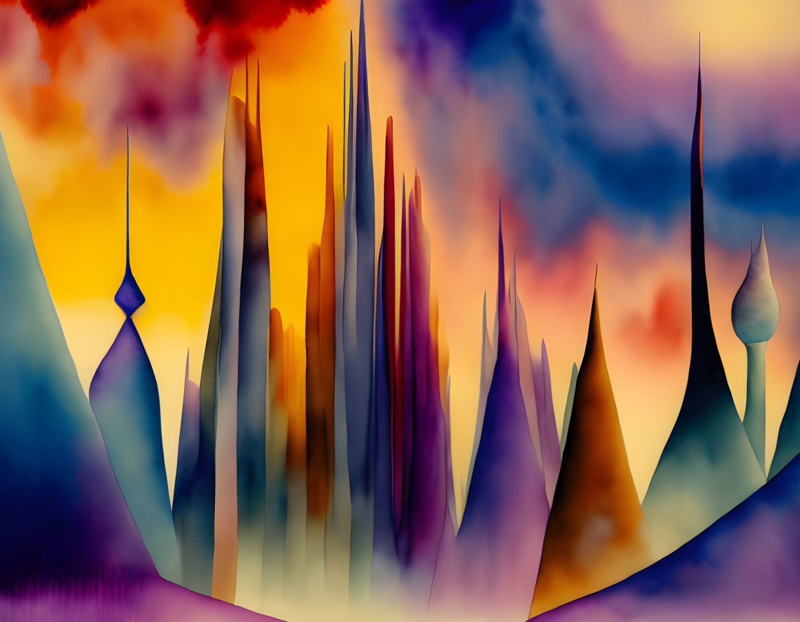 Vibrant abstract art: spire-like shapes in purple, orange, and yellow gradient.