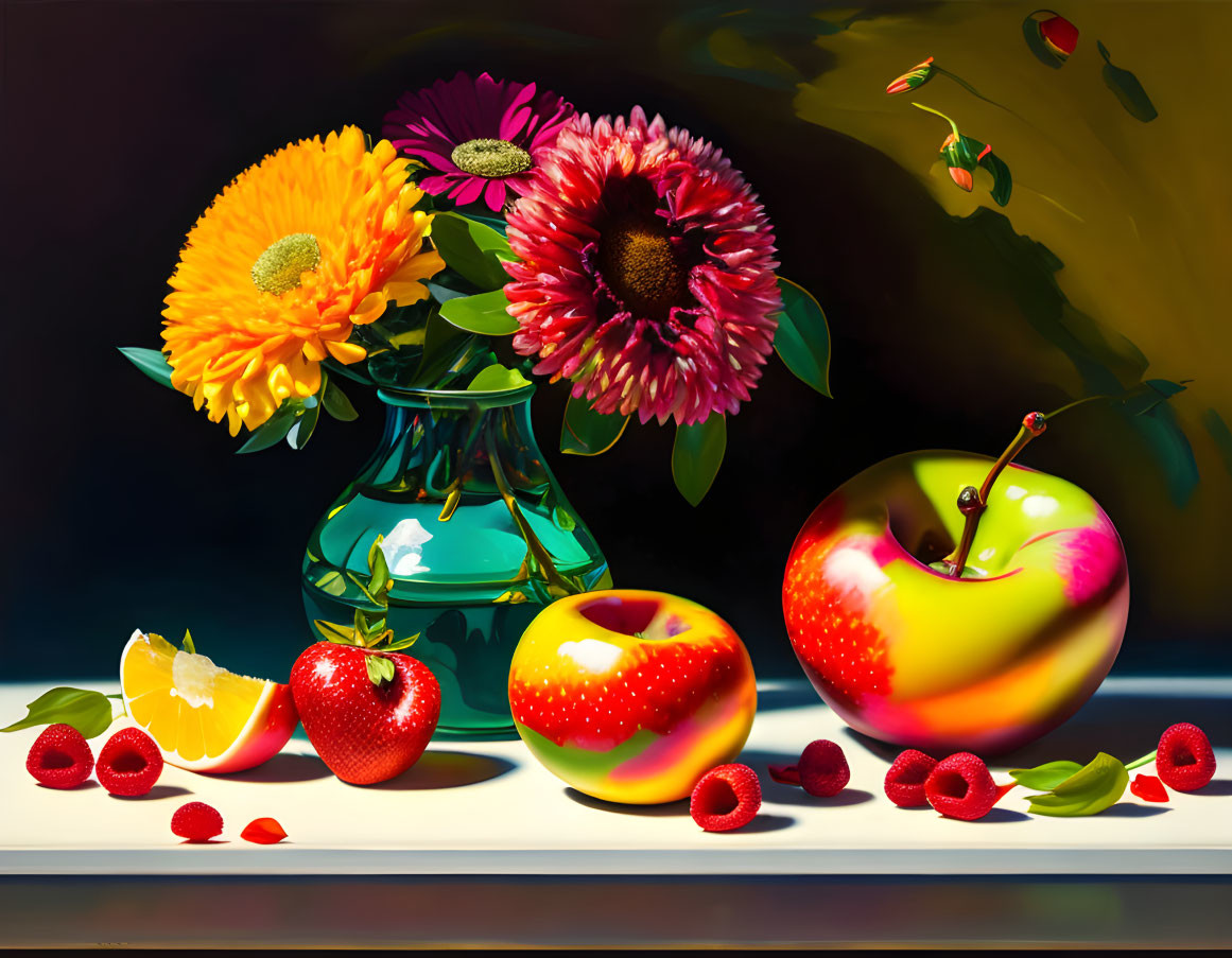 Colorful Bouquet and Fruits Still Life Painting with Dark Background