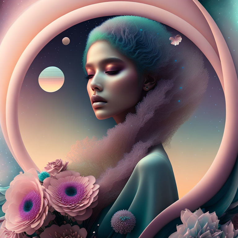 Surreal portrait of a woman with blue-green hair in cosmic setting