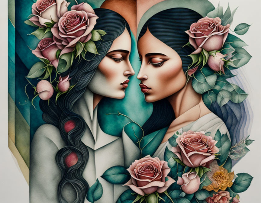 Stylized female figures with floral elements and roses in their hair against soft background