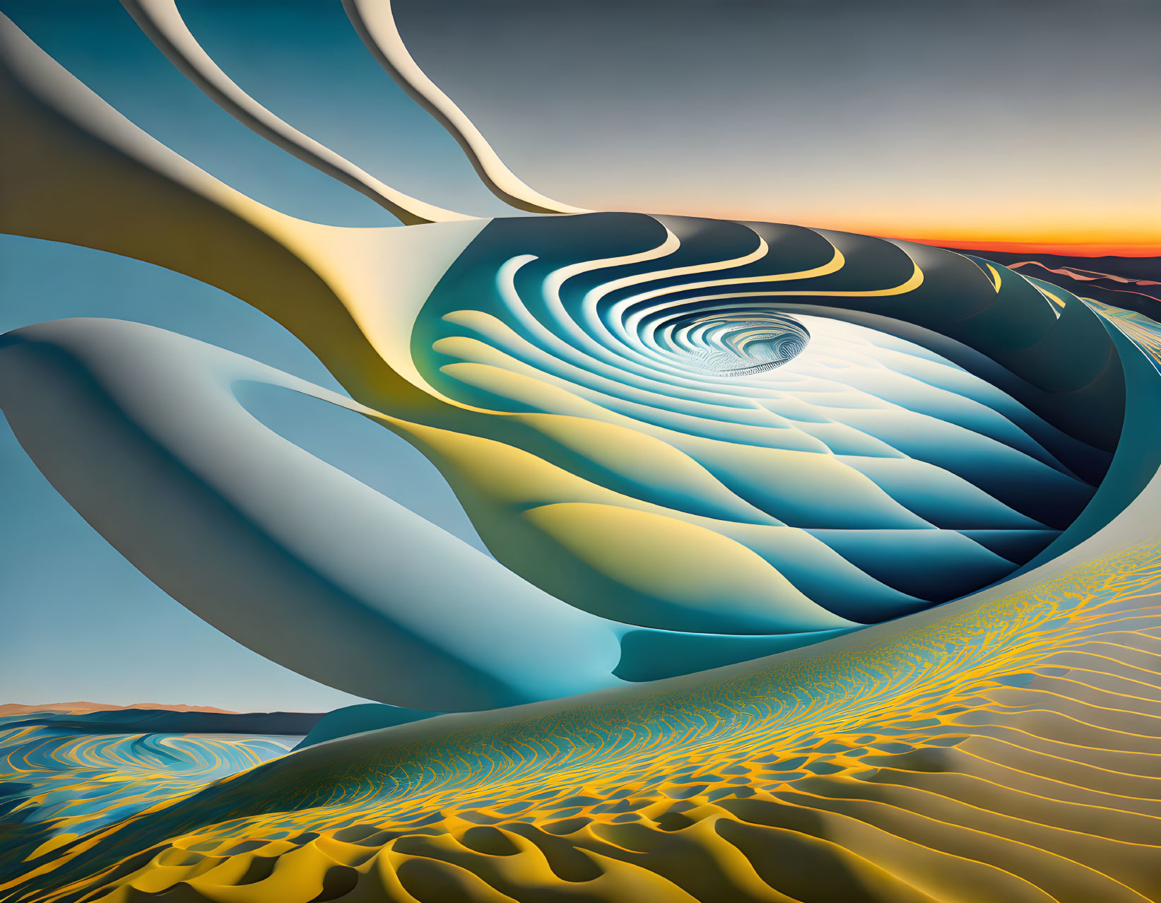 Fluid Shapes and Lines in Blue, Gold, and White Palette: Surreal Digital Art Landscape