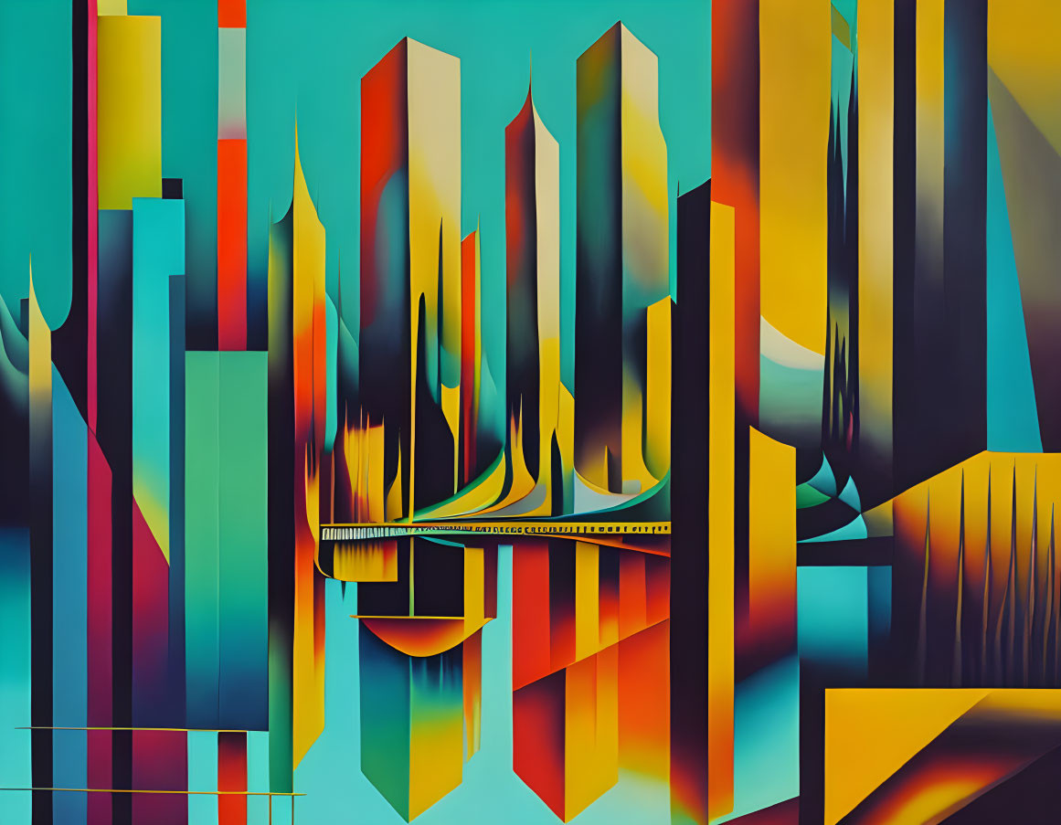 Colorful Abstract Art: Geometric Cityscape & Bridge